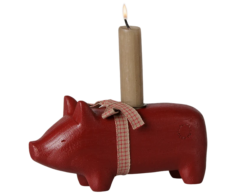 Wooden candle holder, Pig, Medium - Red
