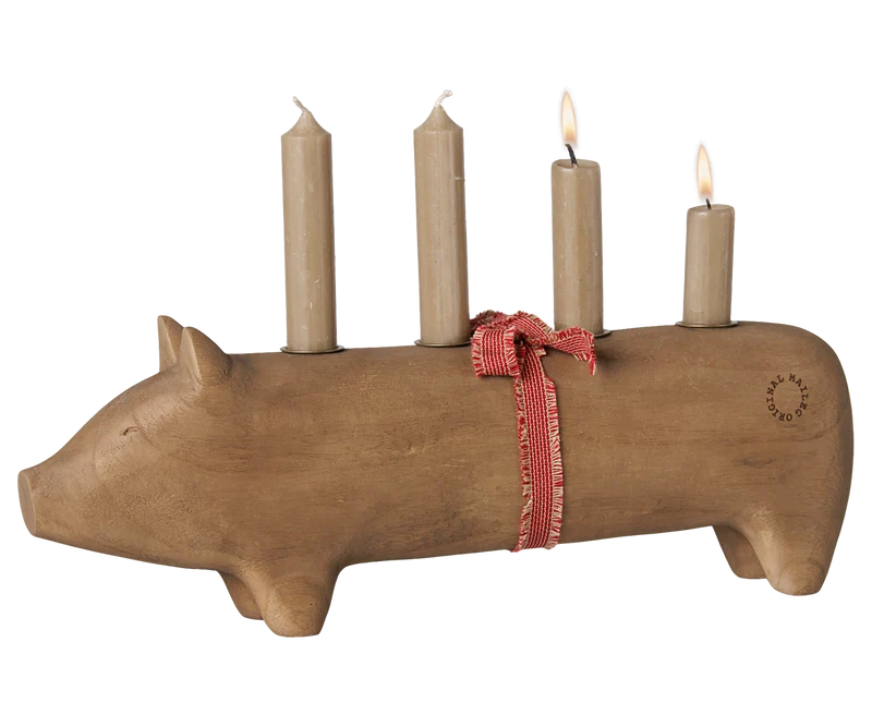 Wooden candle holder, Pig, Advent large - Nature