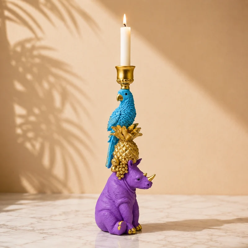 Kandelaar Neushoorn, Ananas & Papegaai – kleurrijke dierenkandelaar