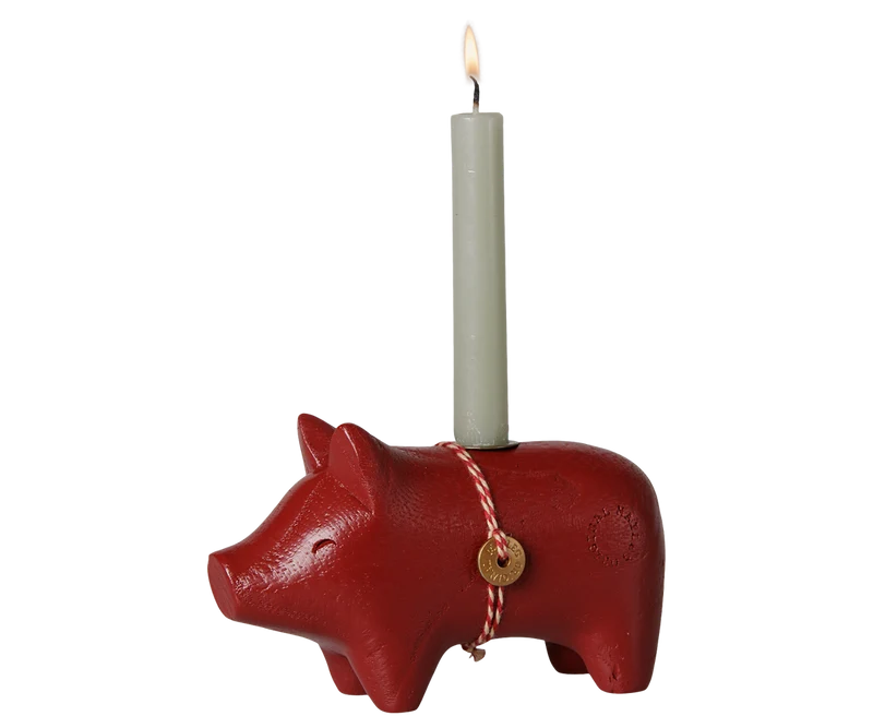 Wooden candle holder, Pig, Small - Red
