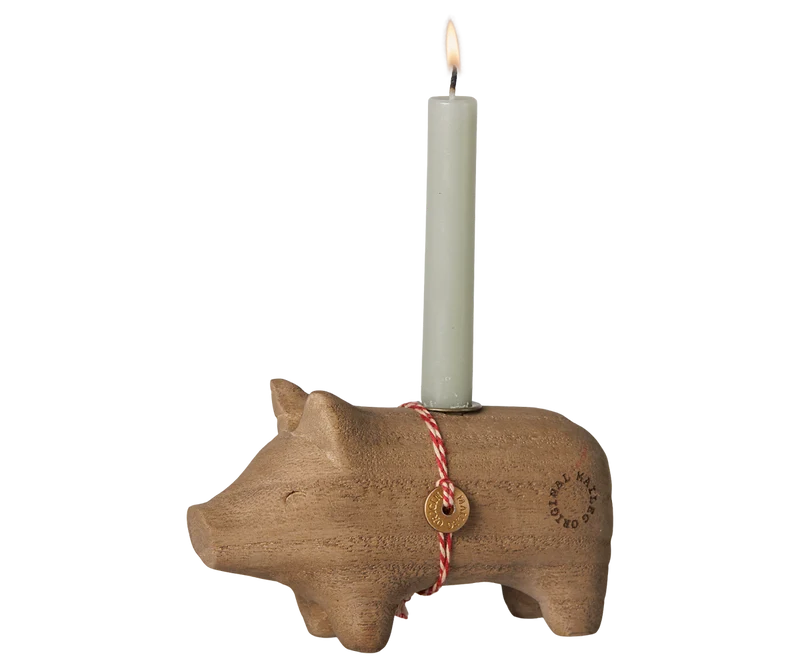 Wooden candle holder, Pig, Small - Nature