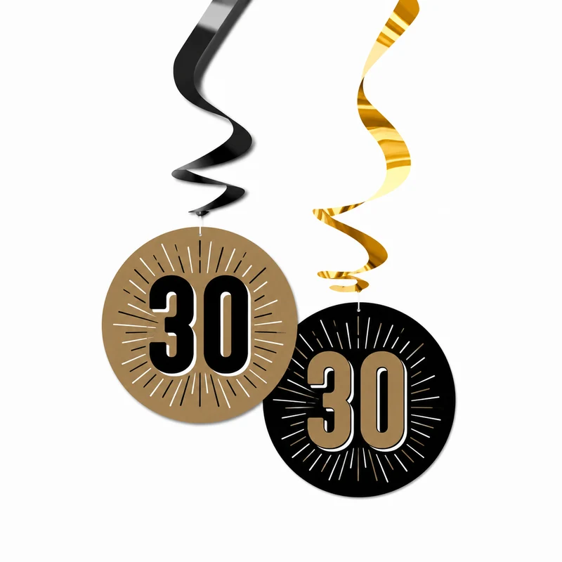 Swirls hangdecoratie 30 jaar zwart/goud 6 stuks