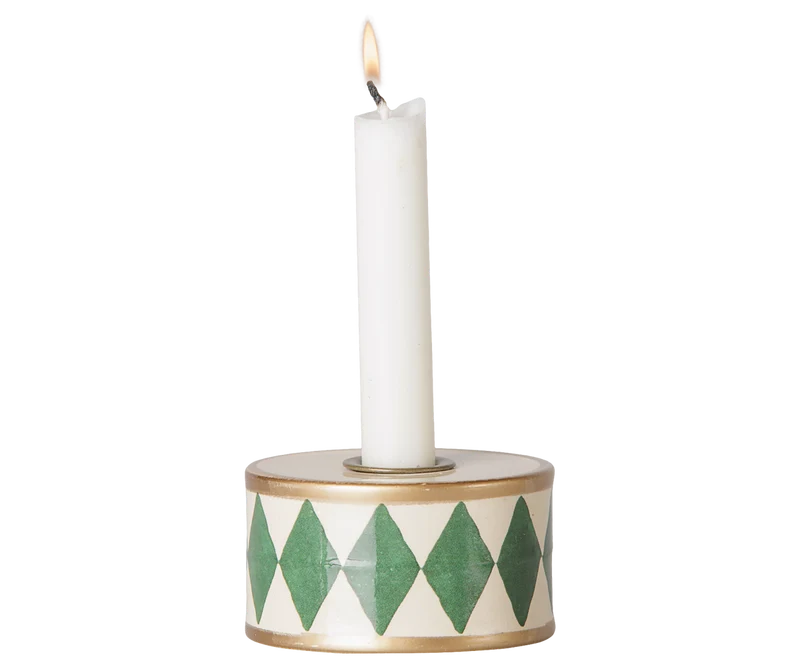 Candle holder, Drum - Green/Off white