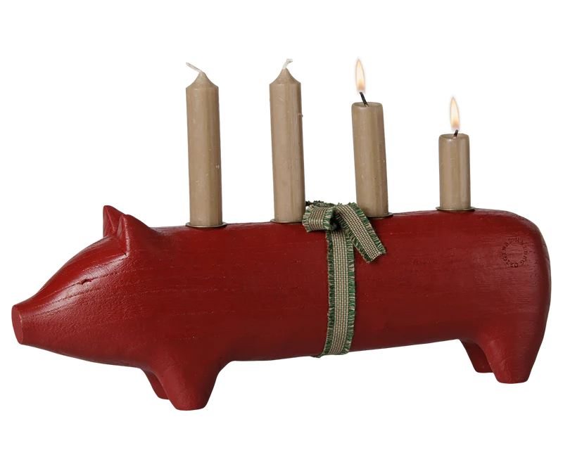 Wooden candle holder, Pig, Advent large - Red
