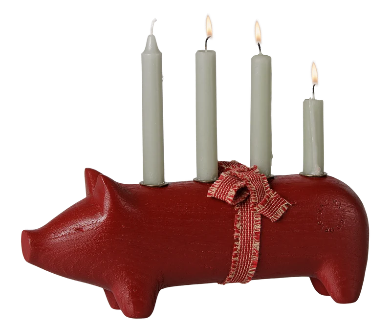 Wooden candle holder, Pig, Advent medium - Red