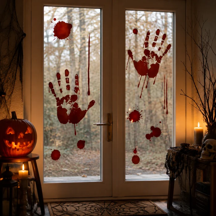 Raamsticker Halloween handen bloederig rood
