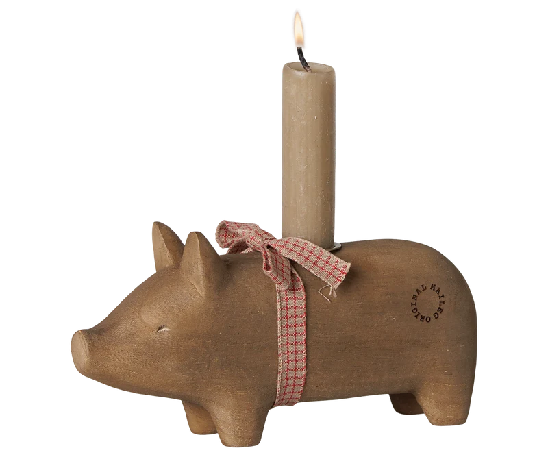 Wooden candle holder, Pig, Medium - Nature