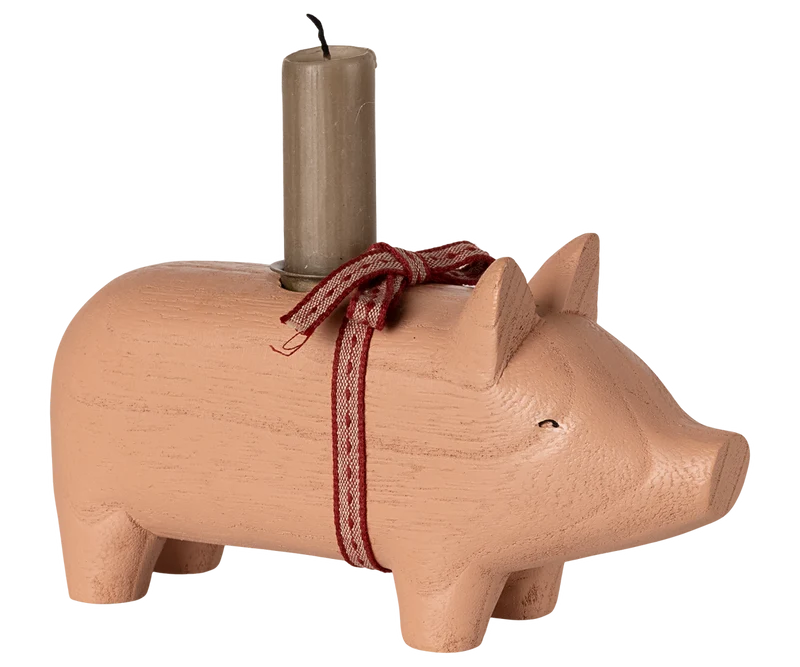 Wooden candle holder, Pig, Medium - Rose