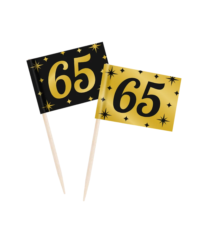 Cocktailprikkers zwart/goud 65 jaar