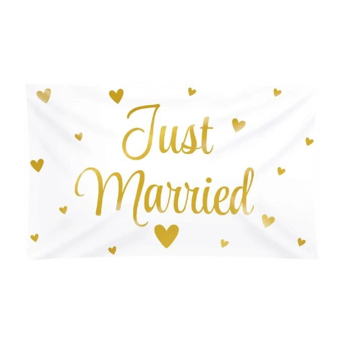 Just Married Gevelvlag - 150x90 cm - Wit met gouden letters