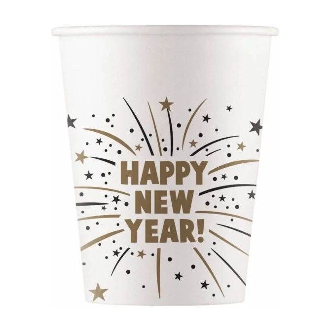 Happy New Year papieren bekers 200ml 8 stuks