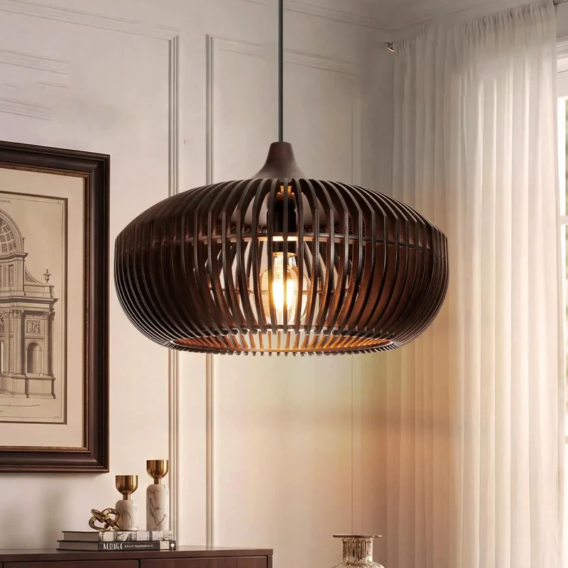 Top Shelf Wooden Pendant Light With Espresso Slats Casting Bold Vertical Shadows Perfect For Farmhouse Kitchen Island Or Chill Bedroom Ceiling Fixture Setup