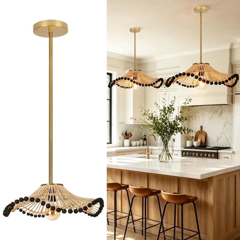 Hand Woven Rattan Pendant Light Featuring Wave Textures And Matte Black Beads Boho Ceiling Fixture That Brings Dope Coastal Vibes To Your Kitchen Island Today