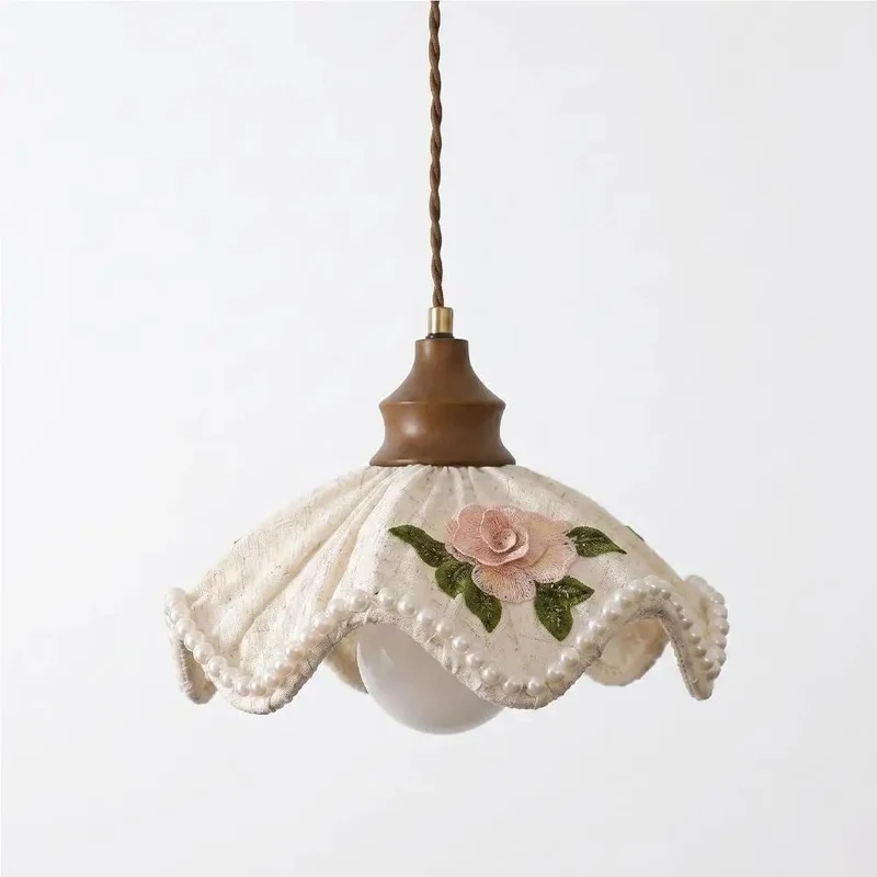 Vintage Fabric Pendant Light Featuring Flower Pattern Shade And Sturdy Wooden Hanging Lamp For Chill Bedroom Dining Room Kitchen Island Dope Home Decor Vibes