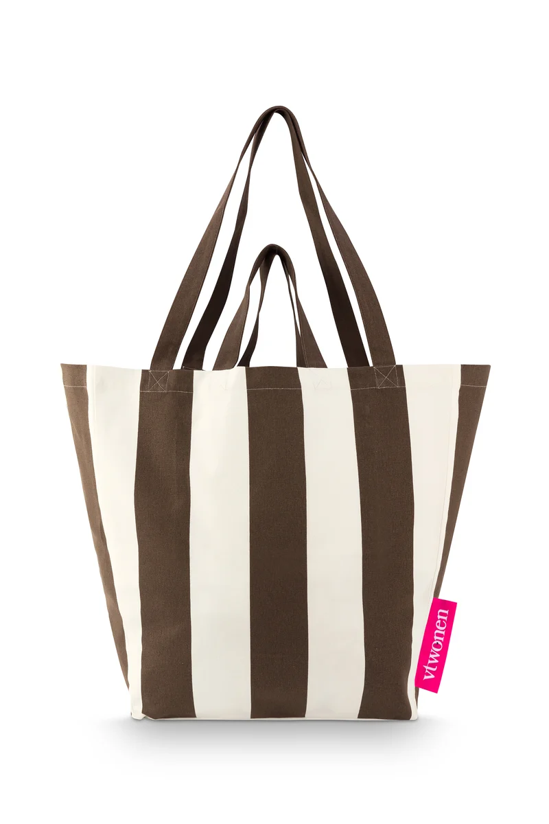 vtwonen - Carry It - Strandtas - Canvas - Streep - Bruin/Offwhite