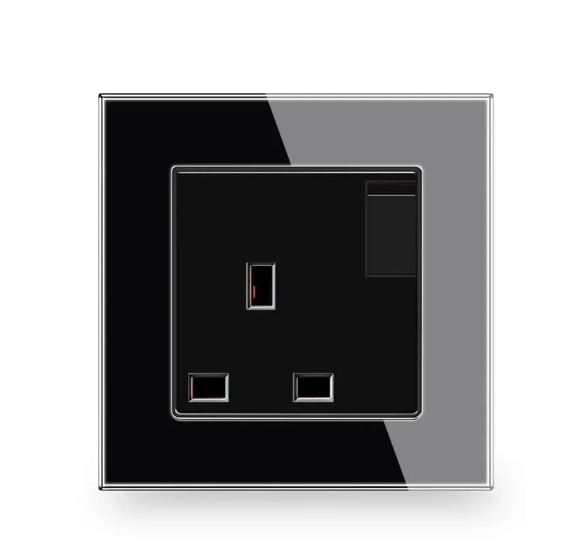 Heavy Duty UK Standard Power Socket 13A Black Wall Outlet With Switch Control AC 110V-250V Electric Plug No Tempered Glass Panel Tight Connections Solid Core Contacts Badass Build For Setup
