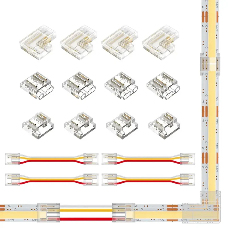 Hassle Free 3 Pin 8mm Cob Cct Led Connector Kit Featuring Dual End Wire And L Shaped Connectors Solderless Gapless Build Plug And Play Wiring For 5V 12V 24V Led Strips No Sweat Assembly