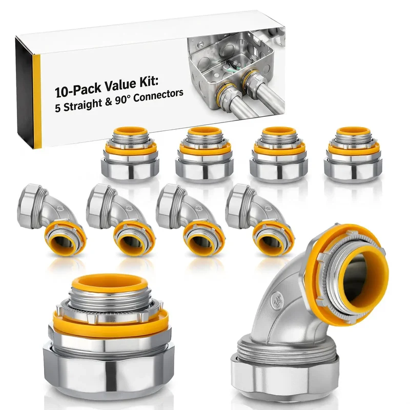 10 Piece Liquid Tight Conduit Connector Pack Includes 3/4 Inch Straight Fittings And Ninety Degree Elbows For Smooth Indoor Outdoor Cable Runs Into Boxes Heavy Duty Metal Construction Delivers No Sweat Installation And Rock Solid Grip
