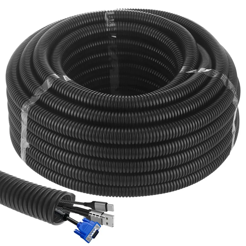 Heavy Duty Flexible Corrugated Conduit Sleeve No Sweat Installation Black Wire Tubing With Point Eight Inch Inner Gap And One Inch Outer Size For Sixty Five Foot Home Fixes And Yard Runs