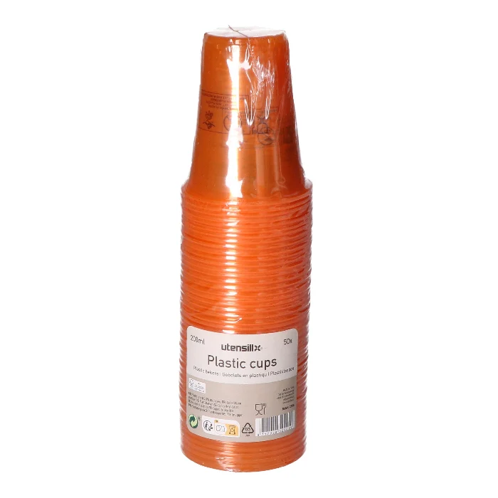Bekers plastic oranje – 50 stuks (200 ml)