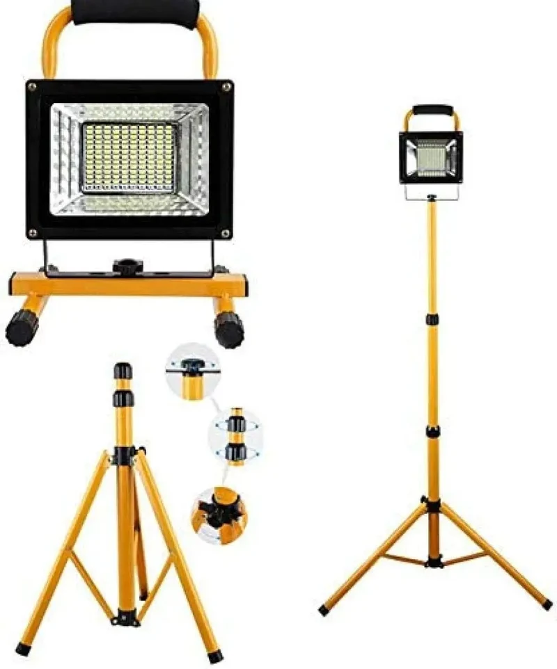 Built Tough 500W LED Floodlight Spotlight With Foldable Adjustable Tripod Stand Portable Rechargeable Fixture 130 LEDs 270 Degree Swivel Head No Hassle Setup For Jobsites Or Tailgates Anywhere