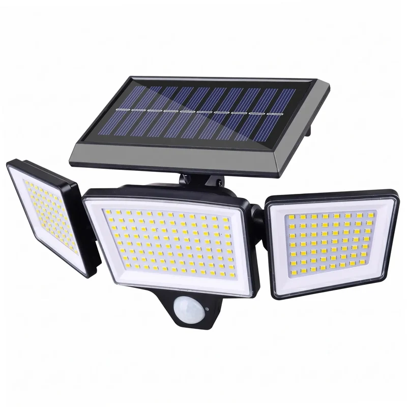 Triple Head Solar Motion Sensor Outdoor Flood Lights Boasting Kickin 208 Led Glow Heavy Duty Rechargeable Weatherproof Patio Yard Driveway Security Kit Gray Model