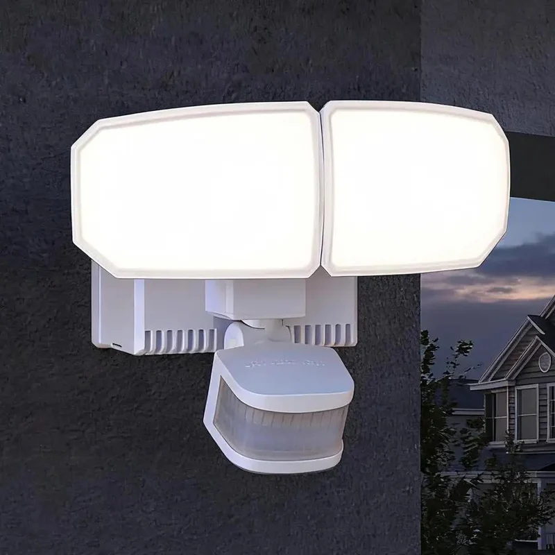 Heavy Duty Dual Head Motion Sensor Led Security Flood Light With Built In Outlet Wall Mount Outdoor Porch Bulb 4000 Lumens Rapid Kick-On Action And Top Shelf Durability For Yard Protection