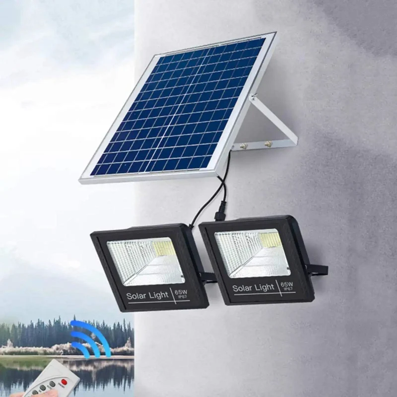 Super Bright Dual Head Solar Flood Lights With Remote Control Built Tough Outdoor Security Lighting Rock Solid Waterproof IP65 Rated High Output Led Arrays Zero Utility Costs