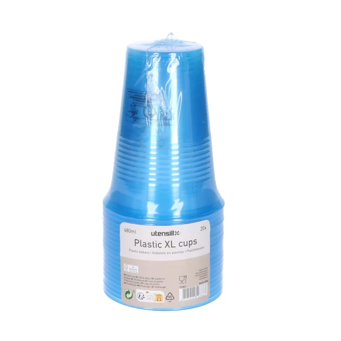 Bekers plastic XL blauw – 20 stuks (480 ml)