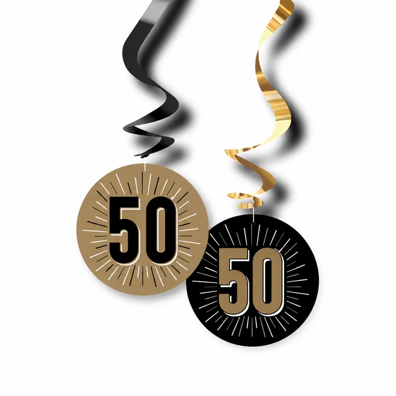 Swirls hangdecoratie 50 jaar zwart/goud 6st