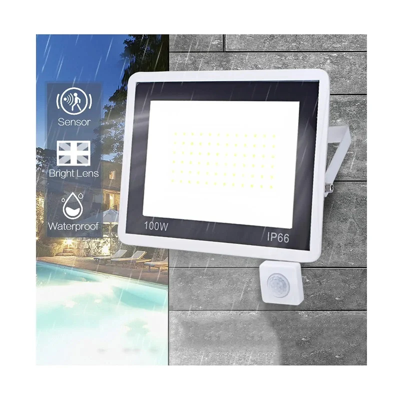Ultra Bright Led Floodlight With Motion Sensor And Weatherproof Housing For Robust Outdoor Security Lighting Adjustable 10 To 100 Watts Drops Serious Glow On Yards Driveways Or Pads While Slashing Monthly Utility Costs Down