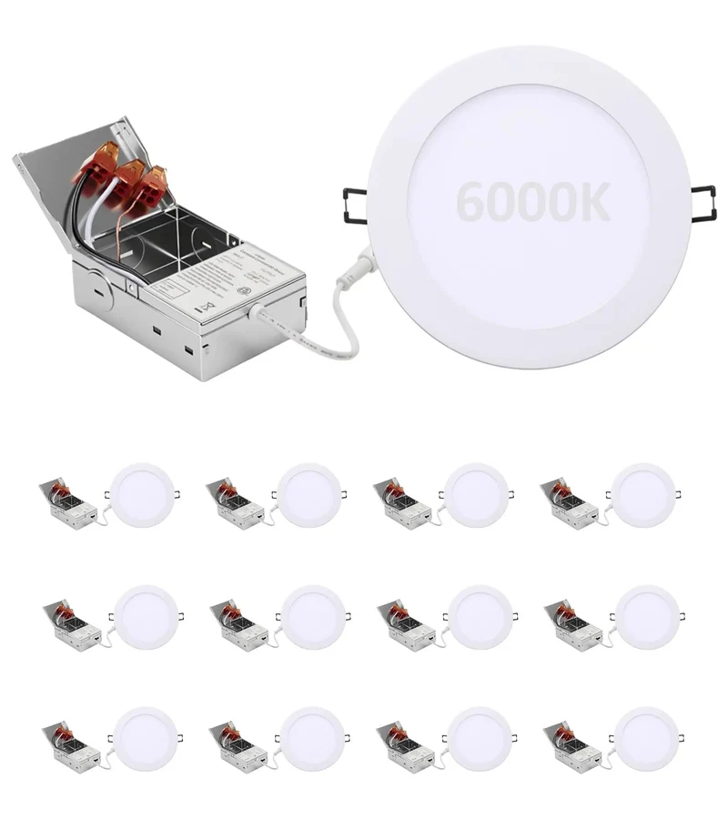 12 Pack Six Inch Led Recessed Ceiling Lights With Crisp 6000K White Glow And Slim Canless Wafer Design For Super Easy Quick Snap Installment In Any Dapper Modern Home Or Office Space