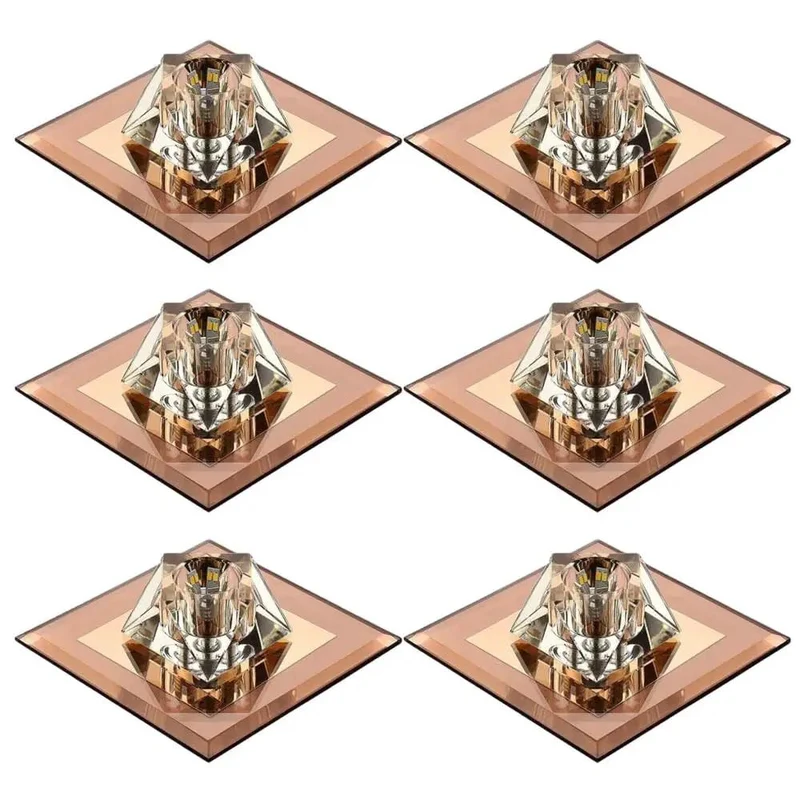 Set of 6 Square Recessed Ceiling Lights With Crystal Trim Dimmable LED Flush Mount Downlights For Walls Or Furniture Easy Tool Free Installation Bronze Finish Luxury Ambient Lighting High Intensity LED Cube Shape Integration Friendly