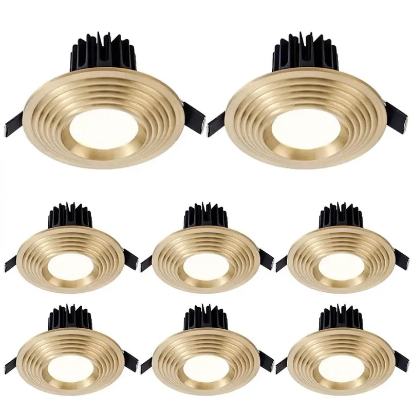 Eight Piece Solid Brass Recessed Downlights Four Point Two Inch Round Dimmable Led Ceiling Fixtures Anti Glare Coating No Sweat Setup Instant Cool Touch For Kitchen Hallway And Living Room Walls