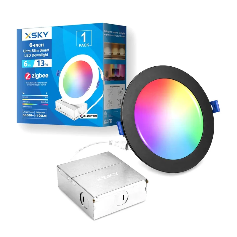 6 Inch Smart Recessed Downlight With Slick Black Trim Delivers Boss Level Control Via Zigbee 3.0 RGBCW Dimmable Glow Perfect For Your Smart Setup Works Like A Charm With Alexa Home Assistant And SmartThings No Drama Just Pure Style Vibe