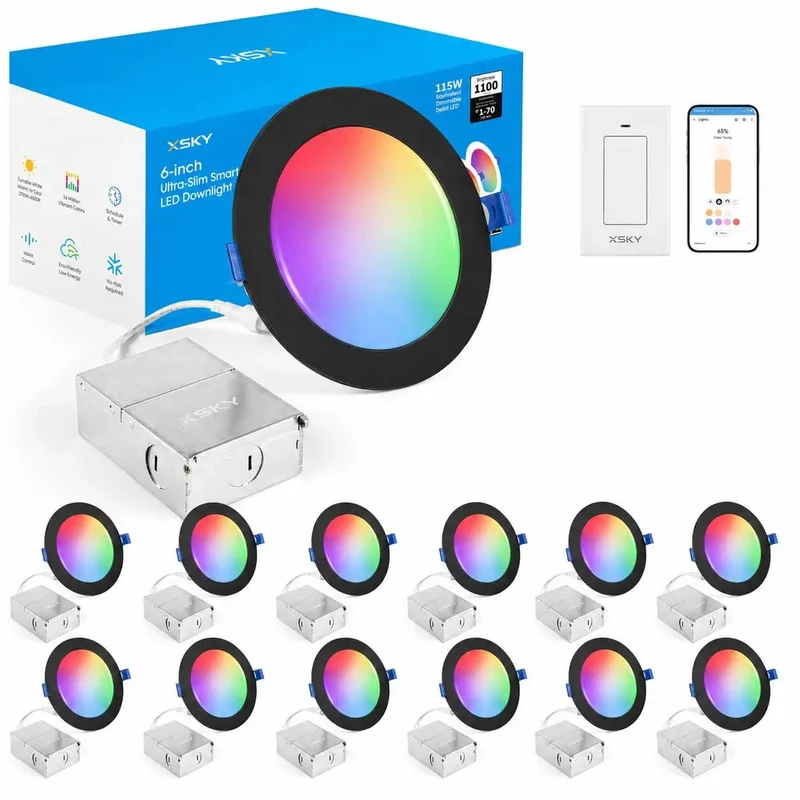 Six Inch Smart Recessed Ceiling Lights 12 Pack With Sleek Black Trim And Built In Dimmer Switch Zigbee 3 Point Oh Compatible With Alexa Home Assistant Smartthings Dynamic Rgbw Dimmable Downlights Look Damn Tight And Run Smooth Wherever You Mount Them