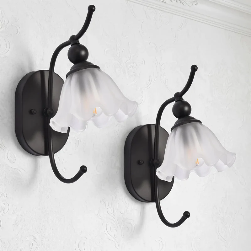 Slick Black Wall Sconces Set of Two Legit Vintage Style With Flower Milk Glass Shade Modern Industrial Bedside Lighting Fixtures For Bedroom Bathroom Vanity Living Room Hallway E26
