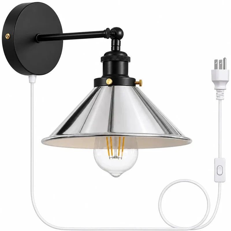 Smooth Chrome Plug And Play Wall Sconce With Adjustable Cone Shade And E26 Socket Perfect For Bedroom Or Living Room Reading Nook Dropping Straight Up Industrial Lighting Vibes On Your Walls
