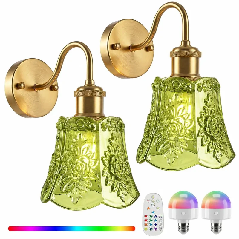 Set Of Two Rechargeable Wall Sconces Battery Operated Dimmable Cordless Wall Lamps With Remote Control And Green Glass Lampshade Antique Brass Finish Zero Wire Stress Hella Bright For Bedroom And Living Room