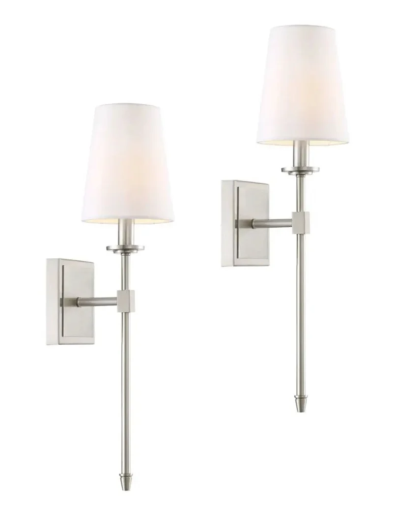 Sharp Lines 20 Inch Mid Century Modern Wall Sconce Featuring Smooth Brushed Nickel Finish And Clean White Conic Linen Shade Total Game Changer For Bathroom Vanity Lighting Or Room Accent Pack Of Two