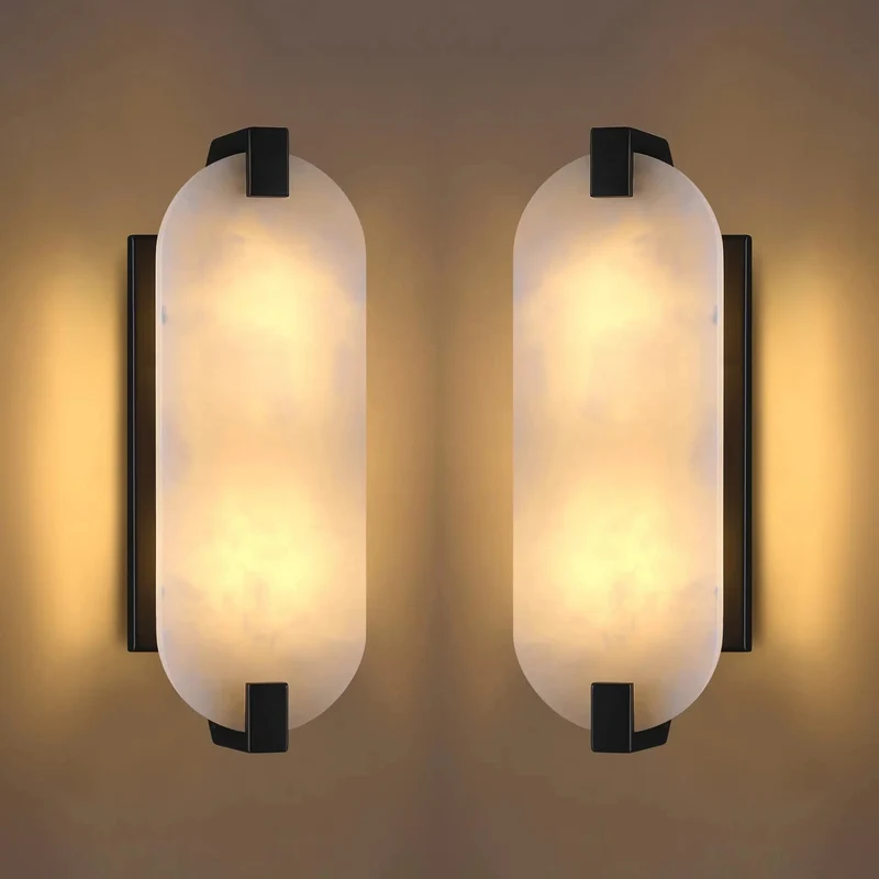 Hella Chic 2 Pack 15 Inch Black Wall Sconces With Natural Alabaster Oval Marble Shades For Farmhouse Bathroom Vanity 2 Light Dimmable Fixture Perfect For Sick Room Aesthetic And Fresh Home Decor Upgrade