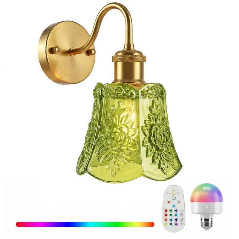 Rechargeable Battery Operated Wall Sconce With Remote Control Dimmer, Cordless Wall Lamp In Antique Brass With Green Glass Shade, Perfect For Bedroom Or Living Room, Type C Charging, Easy Wireless Lighting