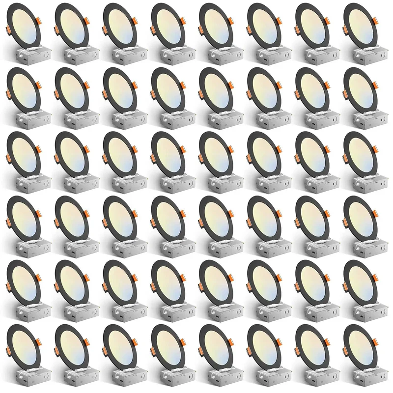 Forty Eight Pack Six Inch Led Recessed Lighting Canless Wafer Downlight Slick Five Color Temperature Switch Smooth Black Trim Total Breeze Install Straight Up Ceiling Light