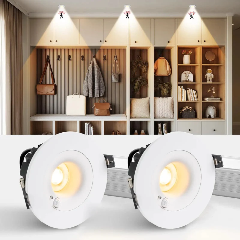 Super Straight Install Smart Motion Activated Recessed Downlights 3 Inch 3000K Warm White LED Ceiling Spots For Tight Hallways Pantries Auto Shutoff 2 Pack
