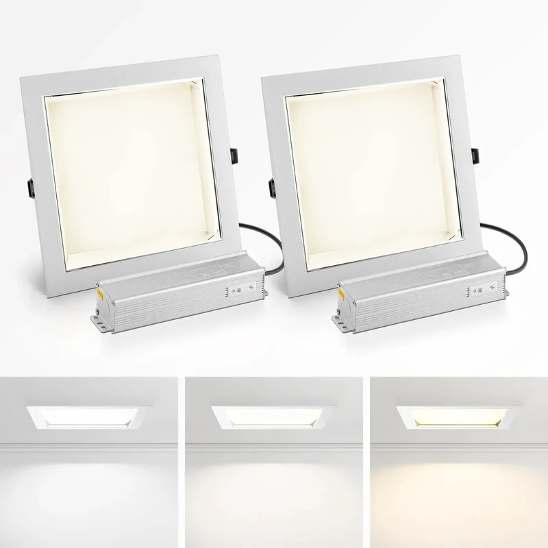 8 Inch Square Led Recessed Ceiling Light Fixture, 3Cct Adjustable Dimmable Downlight, Hassle Free Tool Free Setup For Drywall Walls, Integrated Junction Box, 2Pack White Trim To Brighten Up Your Living Space