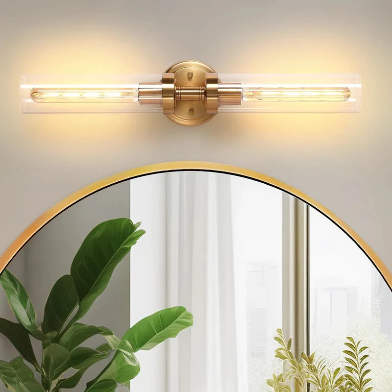 Top Shelf Dual Gold Wall Sconces For Bathroom Vanity With Clear Glass Cylinder Shades And Effortless Vertical Or Horizontal Mounting Sleek Modern Indoor Lighting