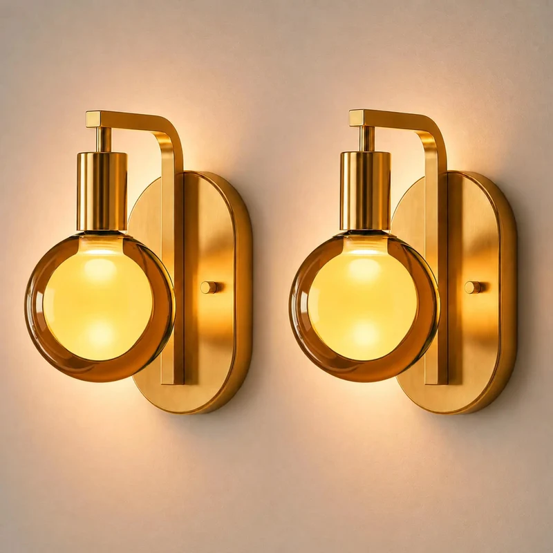 Straight Up Vintage Modern Wall Sconces Set Of 2 With Oversized Globe Led Bulbs And 1800k Dimmable Warm Glow Lighting For Bedroom Hallway Lounge And Bedside Chic Gold Finished Home Decor