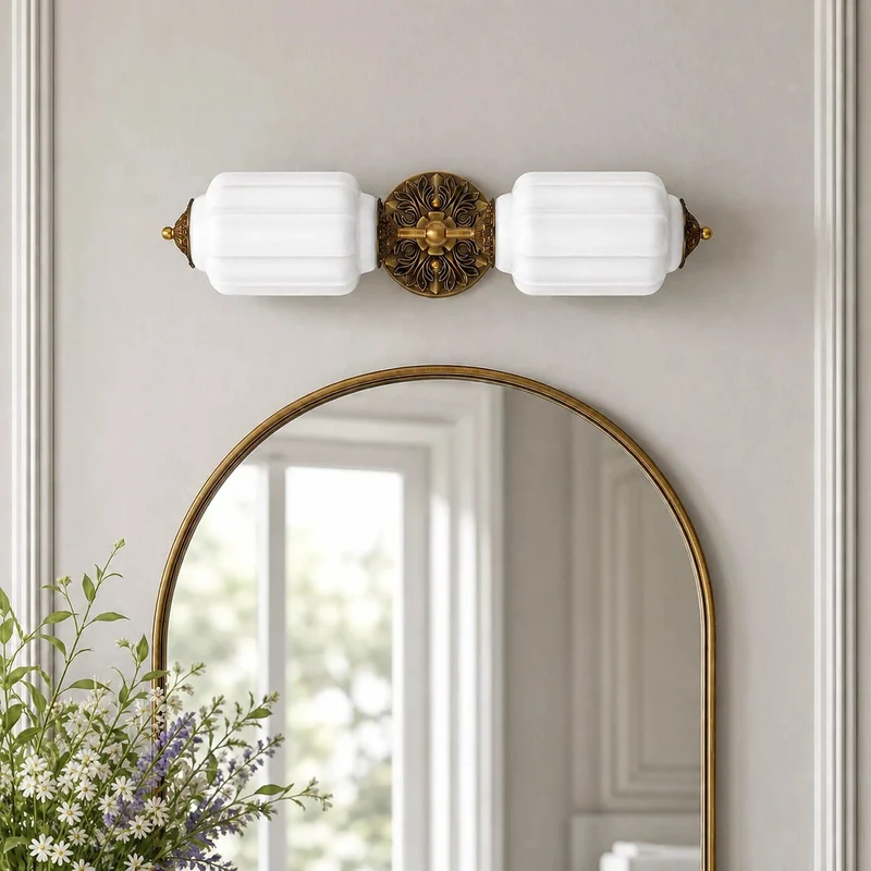 Vintage 2 Light Hardwired Wall Sconce Featuring Ribbed Milk Glass And Ornate Antique Brass Backplate For A Hella Cozy Farmhouse Vibe Or Straight Up Classic Home Upgrade