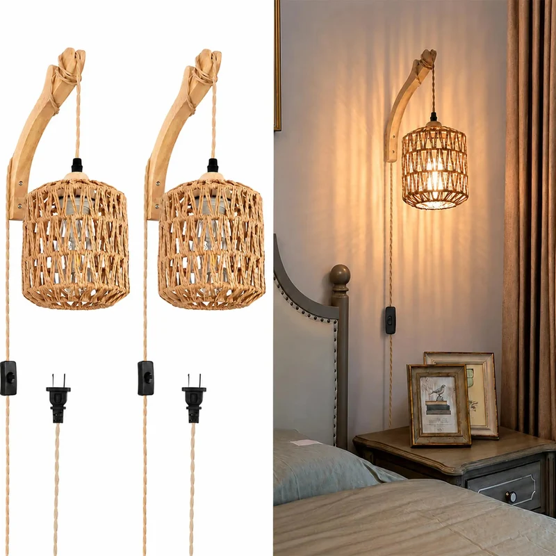 Standout Boho Wall Sconces Set Of Two Super Easy Plug In Cord Hand Woven Paper Lantern Shade Sturdy Wood Mount Rustic Vintage Lighting Pick For Your Prime Cozy Lounge Area