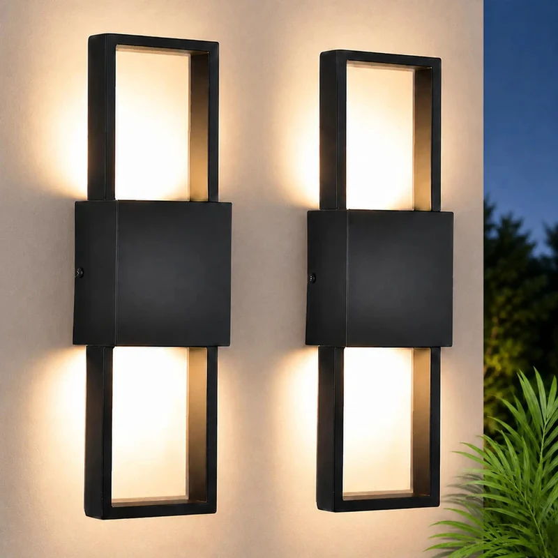 Modern Outdoor Wall Sconces 2 Pack Up And Down LED Light Fixtures 3000K Warm White Hardwired For Porch Patio Garage Door With Sleek Aluminum Frame To Amp Up Your Home Curb Appeal And Create A Total Badass Glow Vibes Anytime Day Or Night
